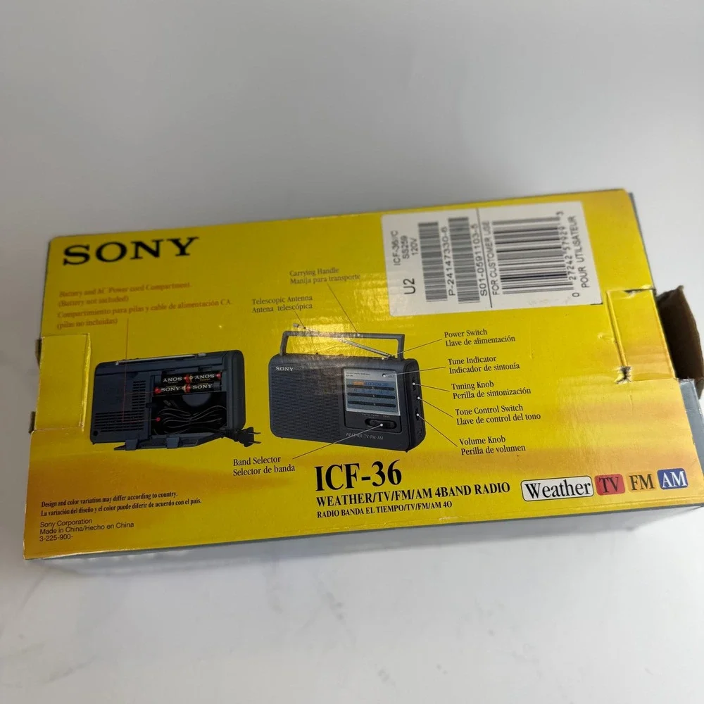 Sony ICF-36 Portable Radio Weather TV FM AM Gray Tone Control 5W Like New